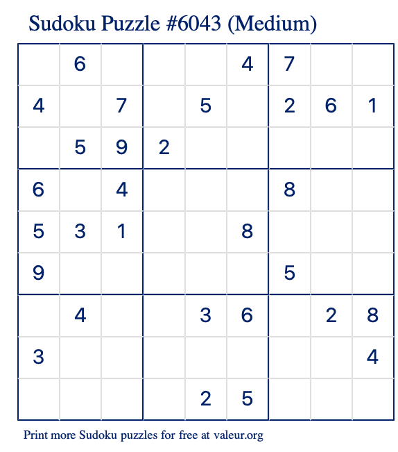 Free Printable Medium Sudoku Puzzle number 6043