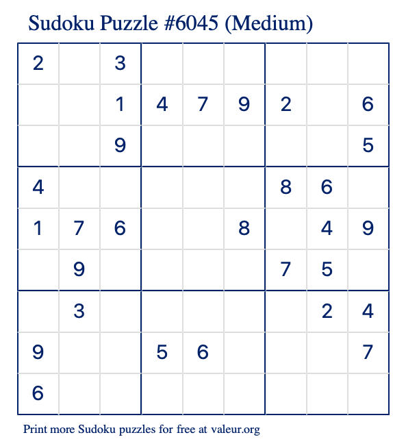 Free Printable Medium Sudoku Puzzle number 6045