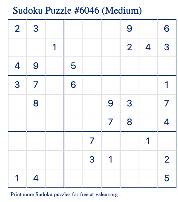 Free Printable Medium Sudoku Puzzle number 6046