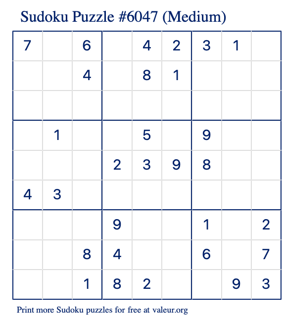 Free Printable Medium Sudoku Puzzle number 6047