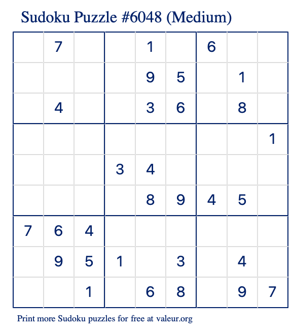 Free Printable Medium Sudoku Puzzle number 6048