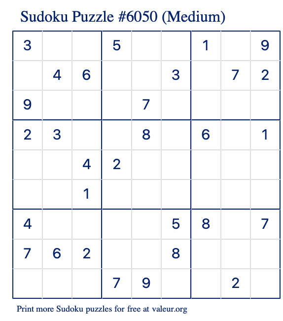 Free Printable Medium Sudoku Puzzle number 6050