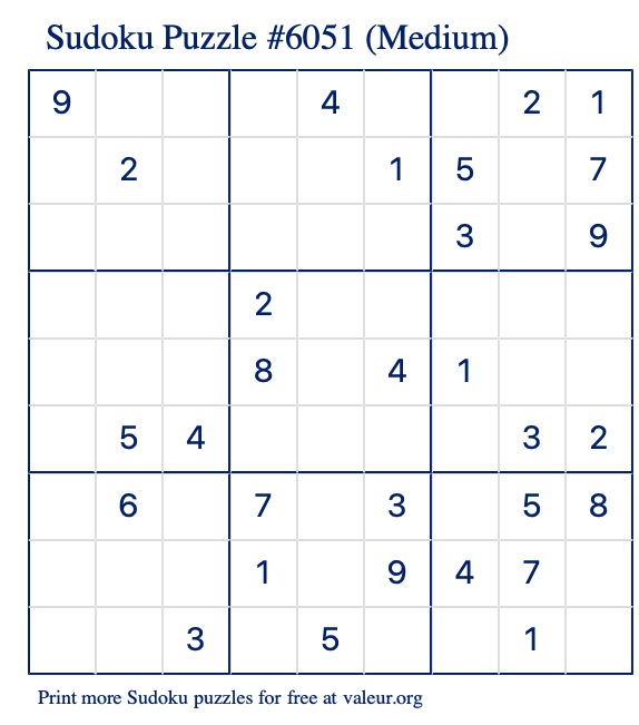 Free Printable Medium Sudoku Puzzle number 6051