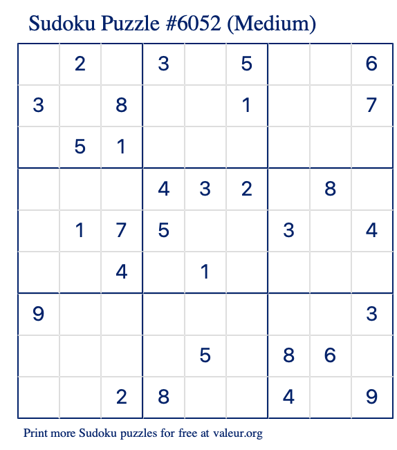 Free Printable Medium Sudoku Puzzle number 6052
