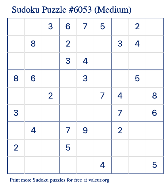 Free Printable Medium Sudoku Puzzle number 6053