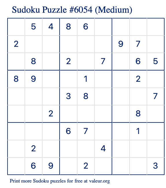 Free Printable Medium Sudoku Puzzle number 6054