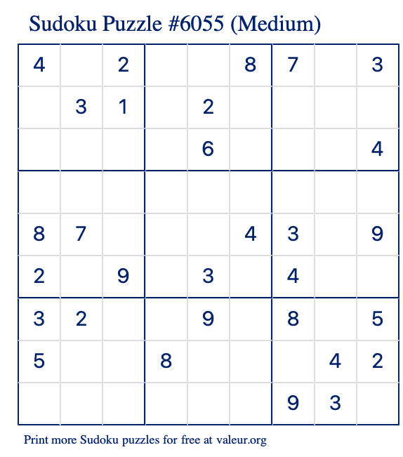 Free Printable Medium Sudoku Puzzle number 6055