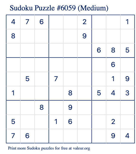 Free Printable Medium Sudoku Puzzle number 6059
