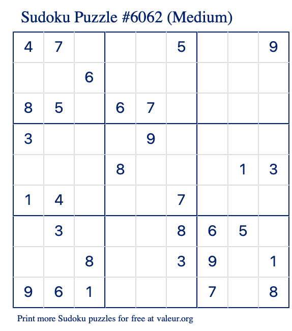 Free Printable Medium Sudoku Puzzle number 6062