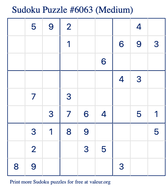 Free Printable Medium Sudoku Puzzle number 6063