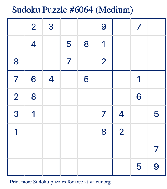 Free Printable Medium Sudoku Puzzle number 6064