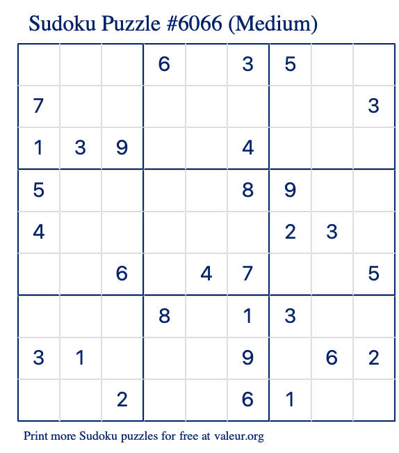 Free Printable Medium Sudoku Puzzle number 6066