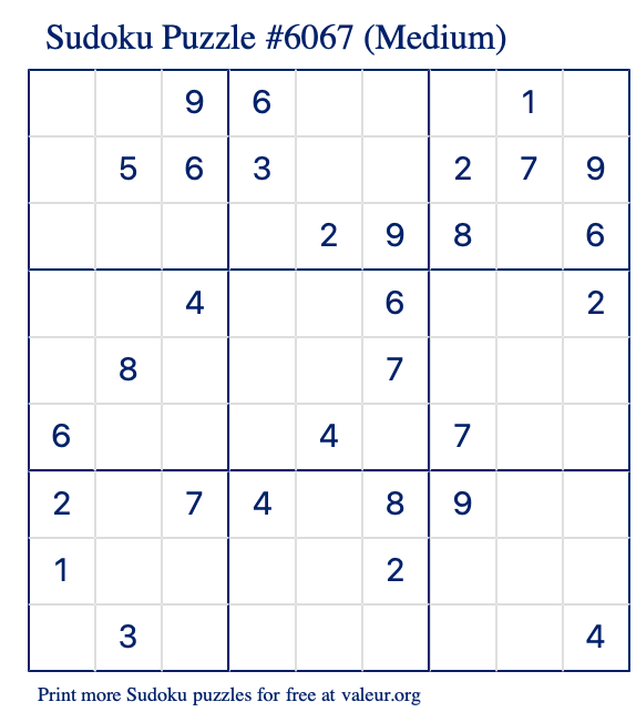 Free Printable Medium Sudoku Puzzle number 6067