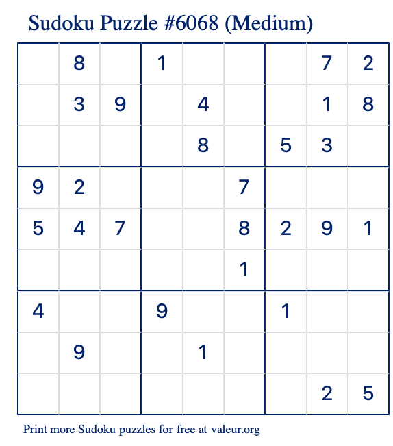 Free Printable Medium Sudoku Puzzle number 6068