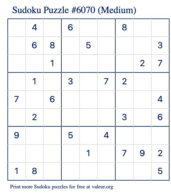 Free Printable Medium Sudoku Puzzle number 6070
