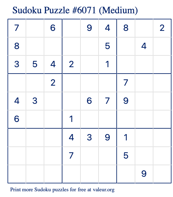 Free Printable Medium Sudoku Puzzle number 6071