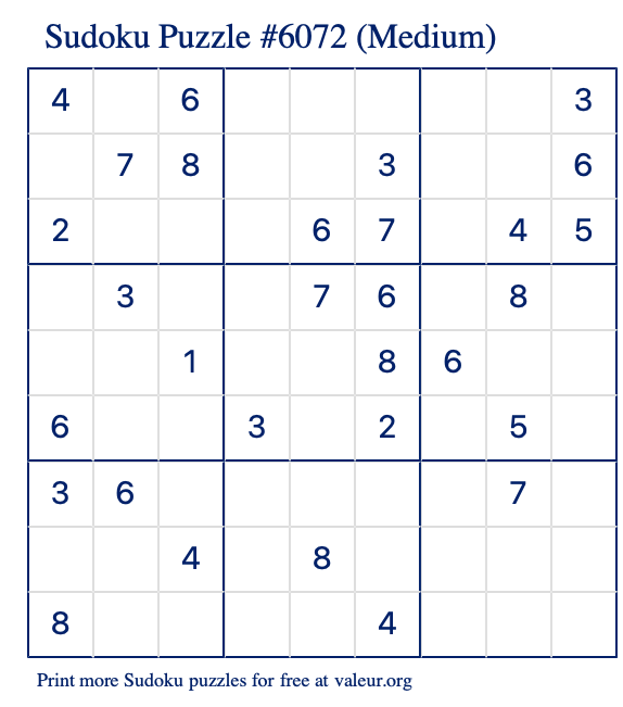 Free Printable Medium Sudoku Puzzle number 6072