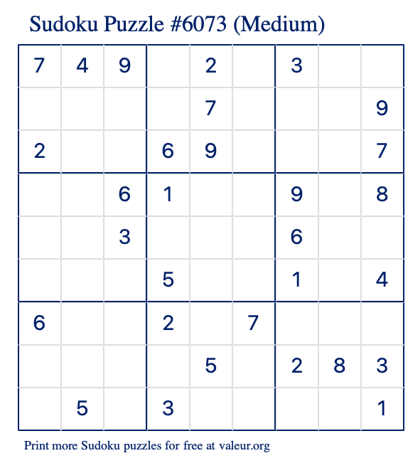Free Printable Medium Sudoku Puzzle number 6073