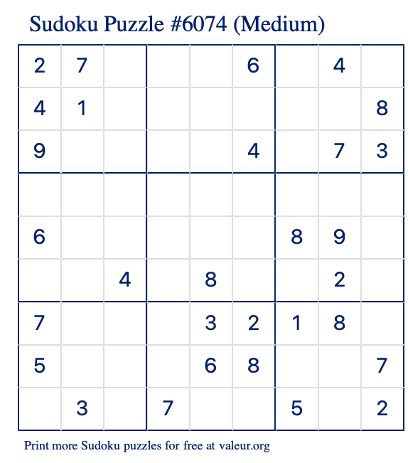 Free Printable Medium Sudoku Puzzle number 6074