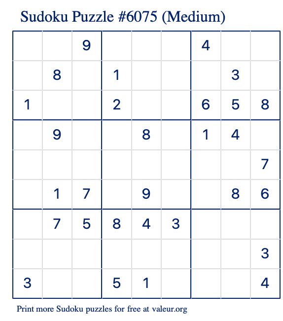 Free Printable Medium Sudoku Puzzle number 6075