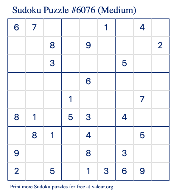 Free Printable Medium Sudoku Puzzle number 6076