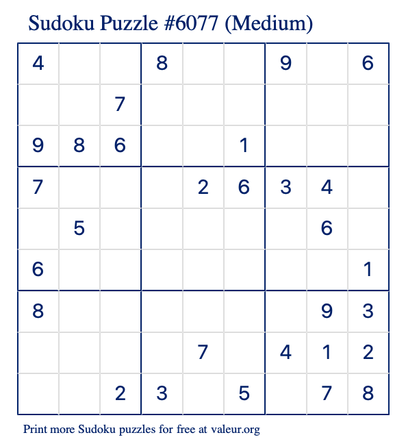 Free Printable Medium Sudoku Puzzle number 6077