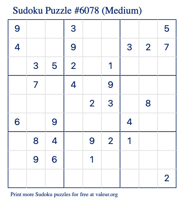 Free Printable Medium Sudoku Puzzle number 6078