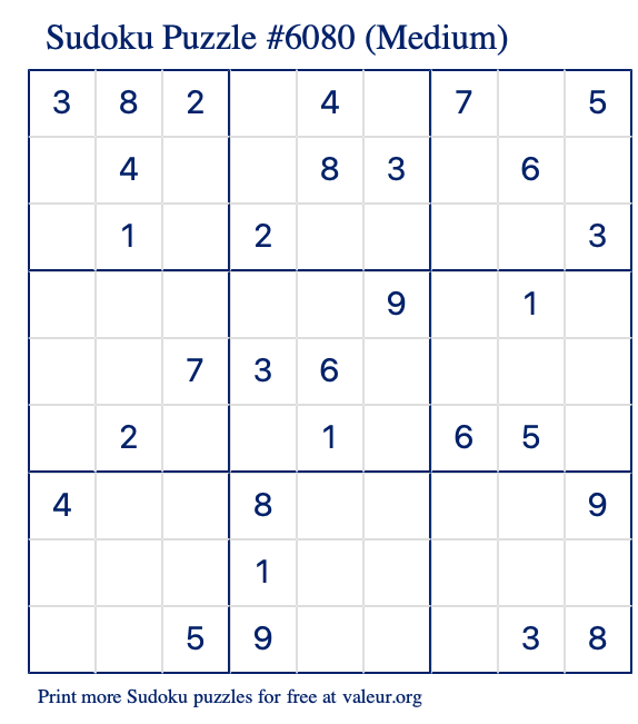 Free Printable Medium Sudoku Puzzle number 6080