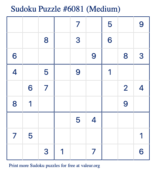 Free Printable Medium Sudoku Puzzle number 6081