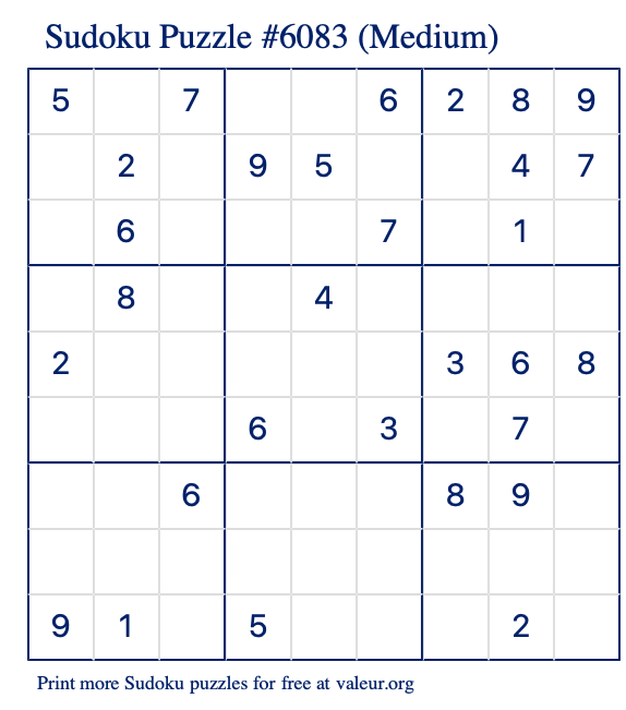 Free Printable Medium Sudoku Puzzle number 6083