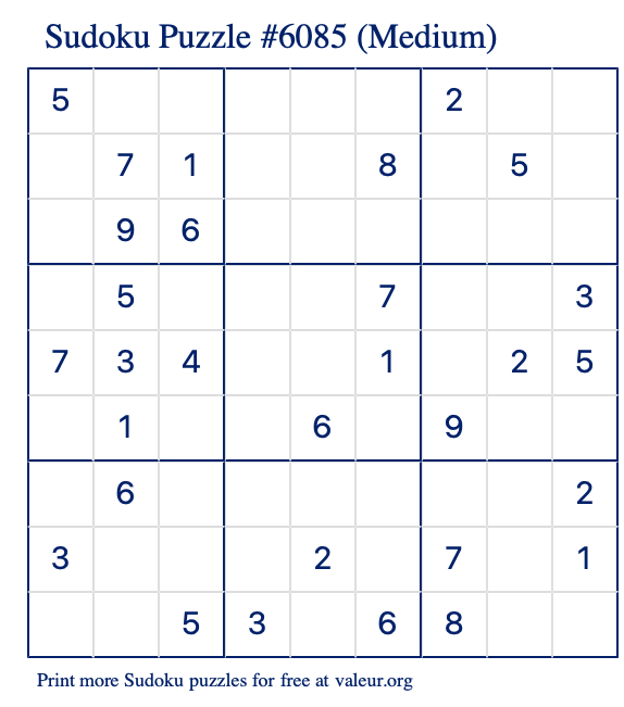 Free Printable Medium Sudoku Puzzle number 6085
