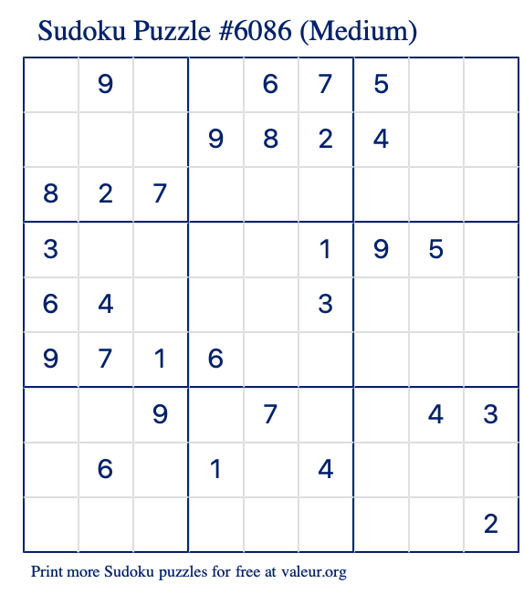 Free Printable Medium Sudoku Puzzle number 6086