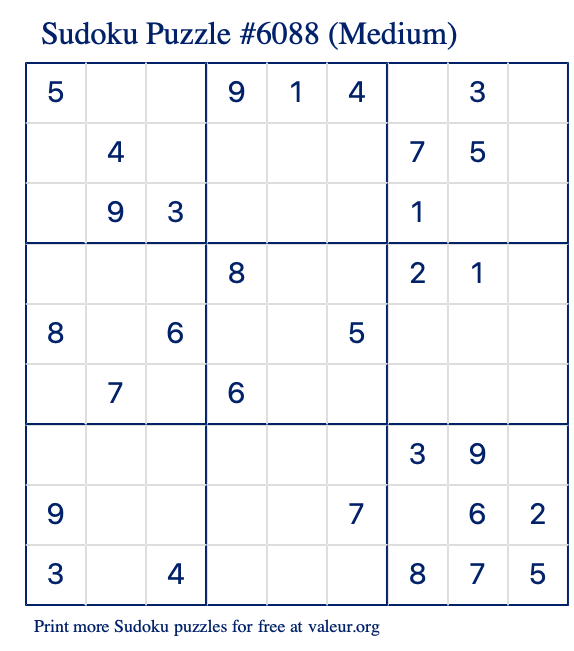 Free Printable Medium Sudoku Puzzle number 6088