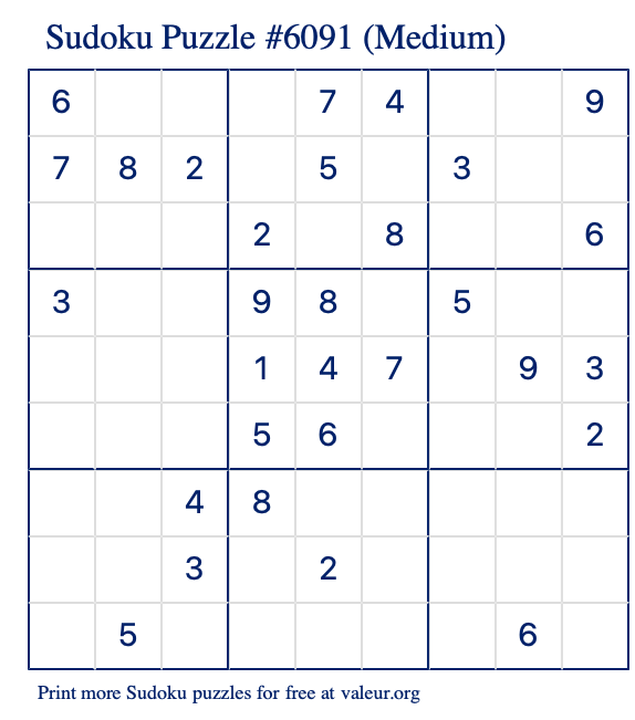 Free Printable Medium Sudoku Puzzle number 6091