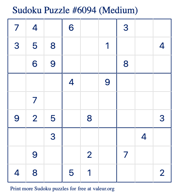 Free Printable Medium Sudoku Puzzle number 6094