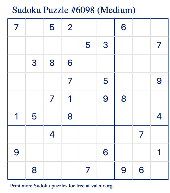 Free Printable Medium Sudoku Puzzle number 6098