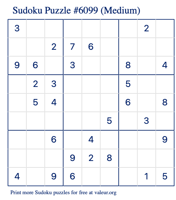 Free Printable Medium Sudoku Puzzle number 6099