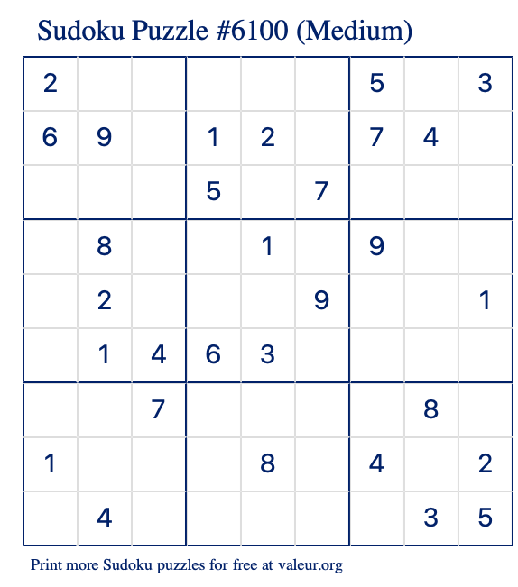 Free Printable Medium Sudoku Puzzle number 6100