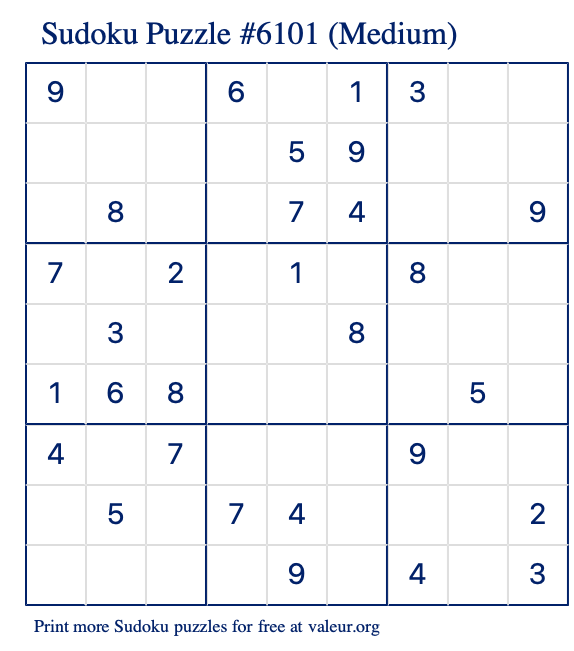 Free Printable Medium Sudoku Puzzle number 6101