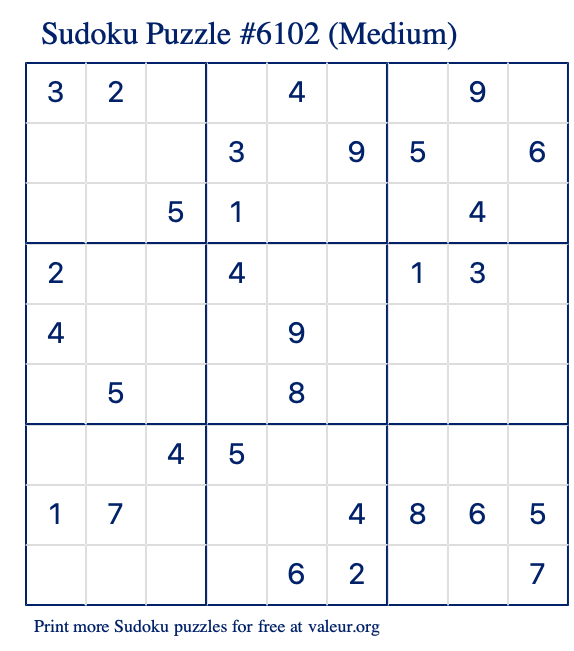 Free Printable Medium Sudoku Puzzle number 6102