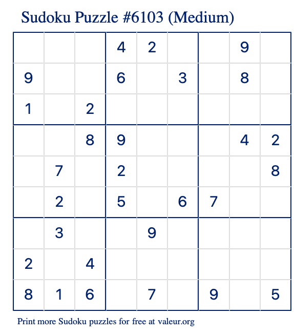 Free Printable Medium Sudoku Puzzle number 6103