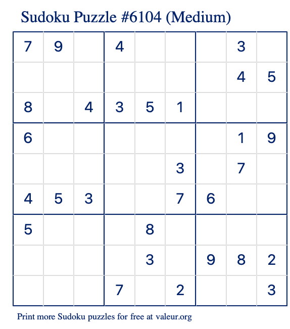 Free Printable Medium Sudoku Puzzle number 6104