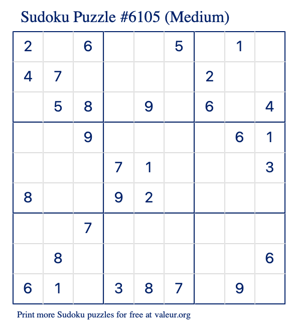 Free Printable Medium Sudoku Puzzle number 6105