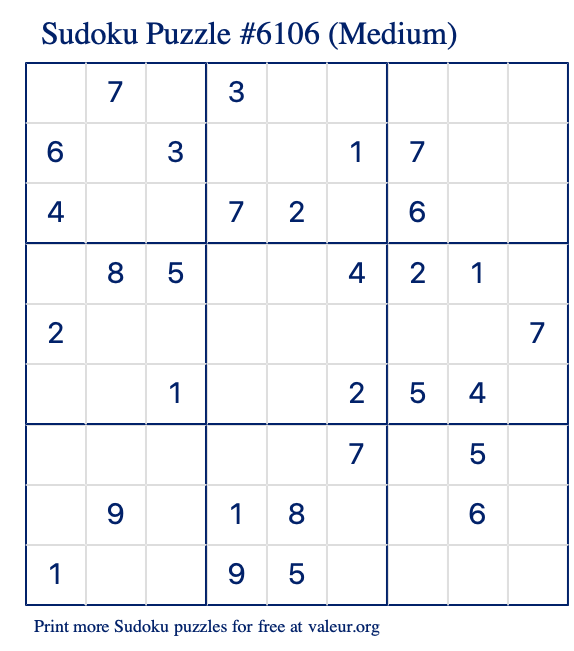 Free Printable Medium Sudoku Puzzle number 6106