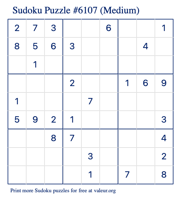 Free Printable Medium Sudoku Puzzle number 6107