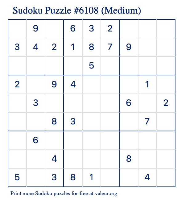 Free Printable Medium Sudoku Puzzle number 6108