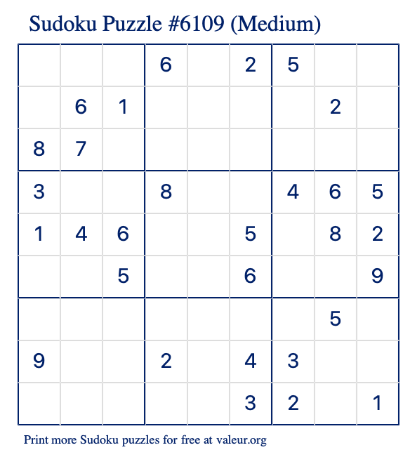 Free Printable Medium Sudoku Puzzle number 6109
