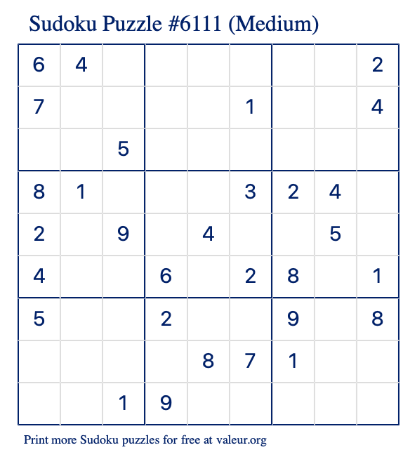 Free Printable Medium Sudoku Puzzle number 6111
