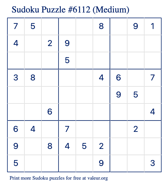 Free Printable Medium Sudoku Puzzle number 6112