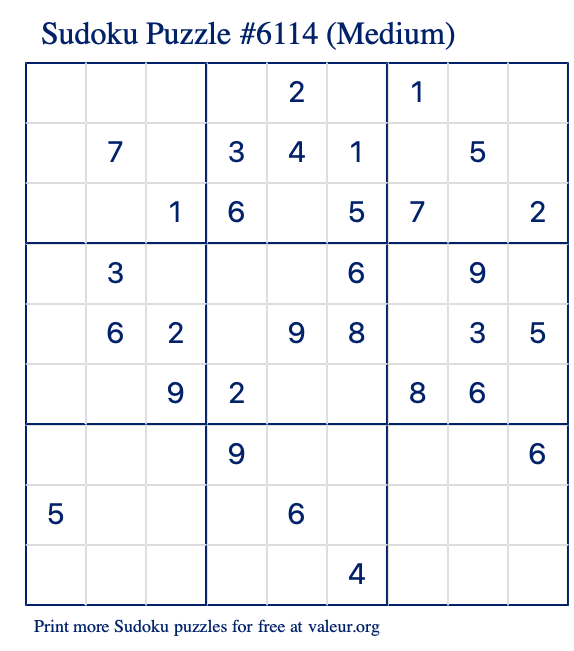 Free Printable Medium Sudoku Puzzle number 6114